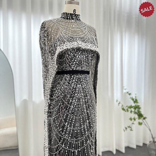 dreamy vow luxury pearls dubai champagne evening dresses with cape 2023 new arabic women mermaid wedding party prom dress ss369 14