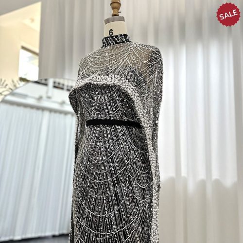 dreamy vow luxury pearls dubai champagne evening dresses with cape 2023 new arabic women mermaid wedding party prom dress ss369 15