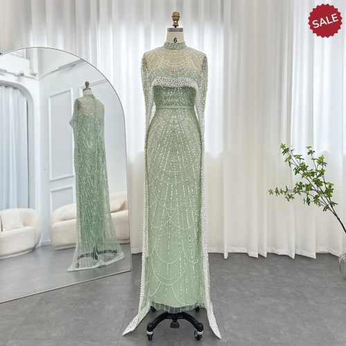 Dreamy Vow Luxury Pearls Dubai Champagne Evening Dresses with Cape 2023 New Arabic Women Mermaid Wedding Party Prom Dress 369