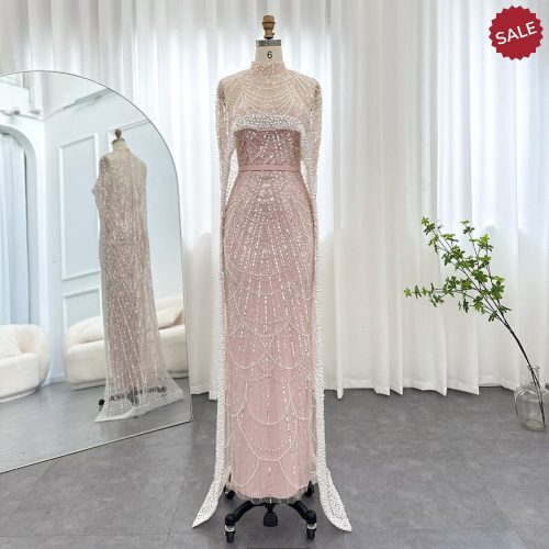 Dreamy Vow Luxury Pearls Dubai Champagne Evening Dresses with Cape 2023 New Arabic Women Mermaid Wedding Party Prom Dress 369