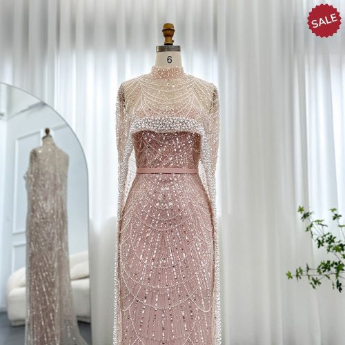 dreamy vow luxury pearls dubai champagne evening dresses with cape 2023 new arabic women mermaid wedding party prom dress ss369 31