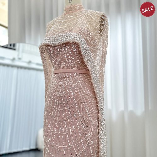 dreamy vow luxury pearls dubai champagne evening dresses with cape 2023 new arabic women mermaid wedding party prom dress ss369 32