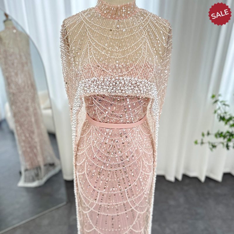 dreamy vow luxury pearls dubai champagne evening dresses with cape 2023 new arabic women mermaid wedding party prom dress ss369 34