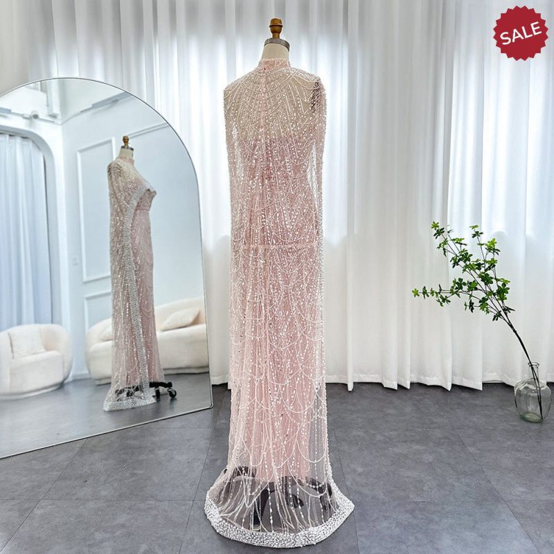 dreamy vow luxury pearls dubai champagne evening dresses with cape 2023 new arabic women mermaid wedding party prom dress ss369 35