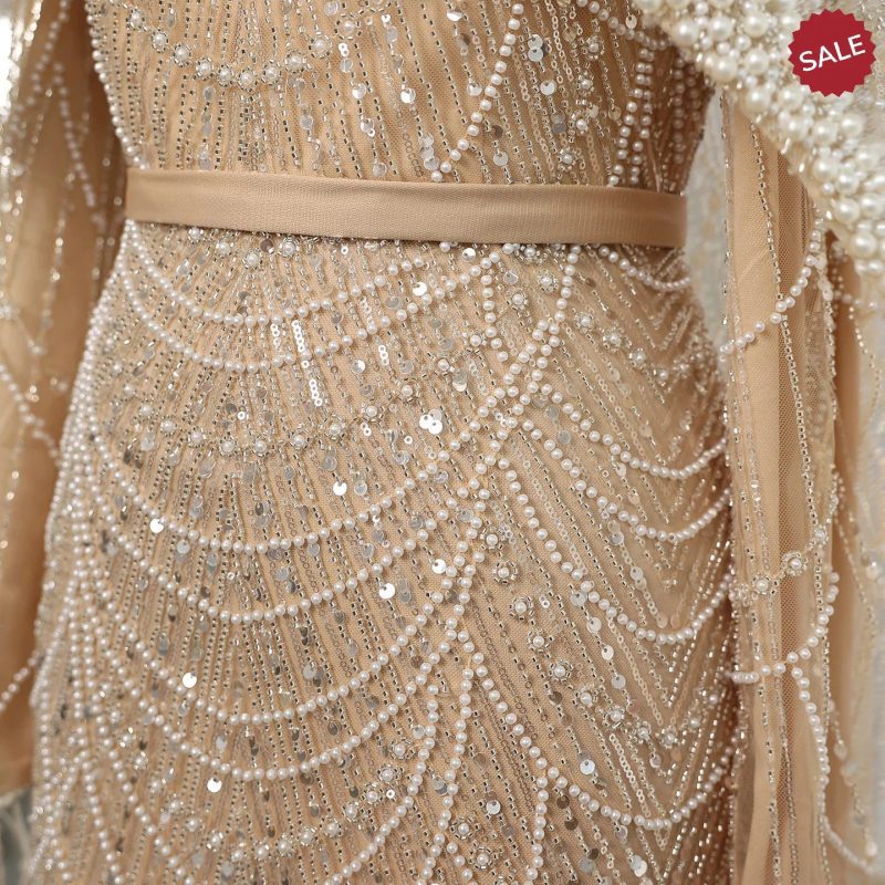 dreamy vow luxury pearls dubai champagne evening dresses with cape 2023 new arabic women mermaid wedding party prom dress ss369 50