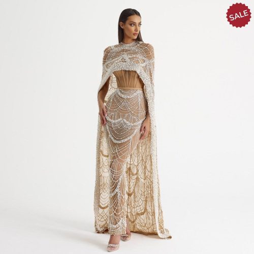 dreamy vow luxury pearls dubai champagne evening dresses with cape 2023 new arabic women mermaid wedding party prom dress ss369