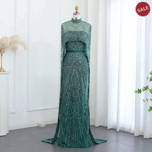 dreamy vow luxury pearls dubai champagne evening dresses with cape 2023 new arabic women mermaid wedding party prom dress ss369 60