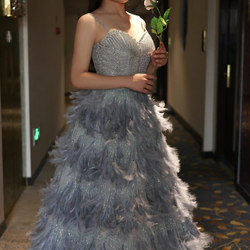 dreamy vow luxury silver gray crystal feathers dbai evening dress for women wedding engagement party gowns ss530 11