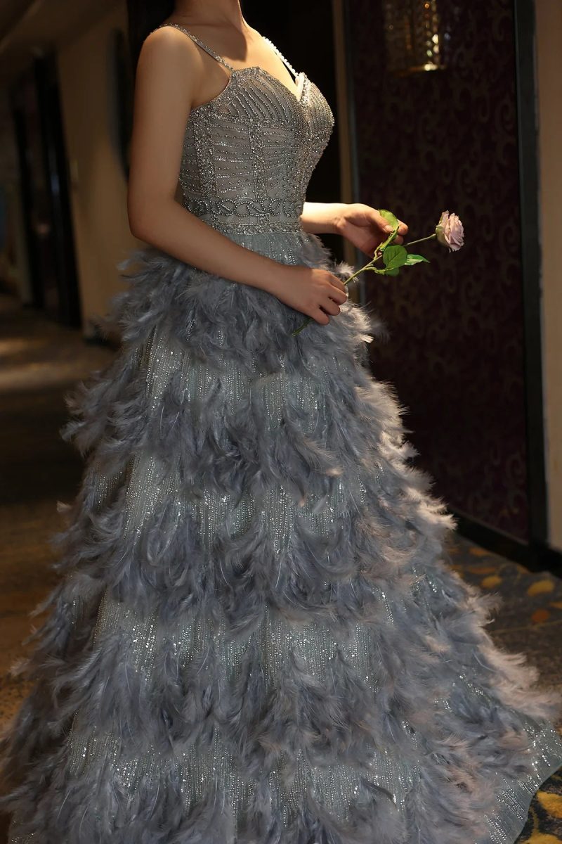 dreamy vow luxury silver gray crystal feathers dbai evening dress for women wedding engagement party gowns ss530 13