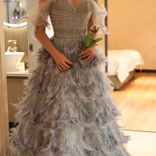 dreamy vow luxury silver gray crystal feathers dbai evening dress for women wedding engagement party gowns ss530 15