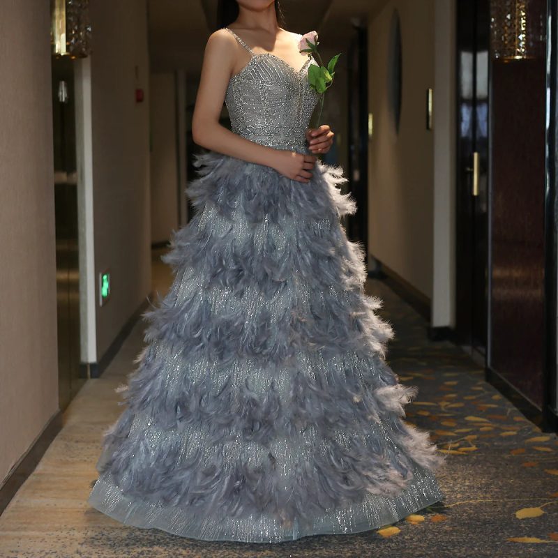 dreamy vow luxury silver gray crystal feathers dbai evening dress for women wedding engagement party gowns ss530 8