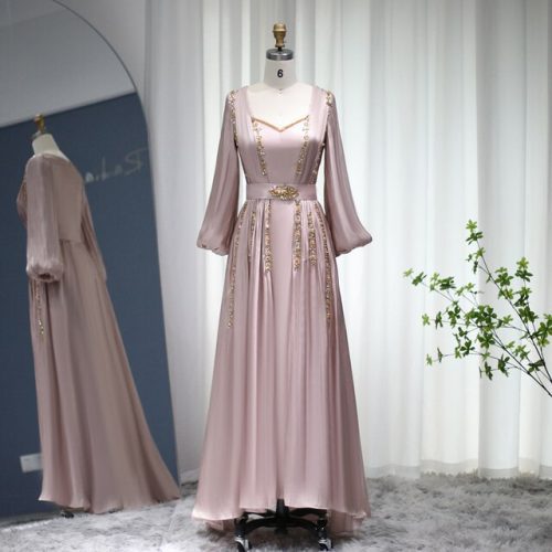 Dreamy Vow Rose Gold Moroccan Kaftan Long Sleeve Dubai Muslim Evening Dress for Women Wedding Party Arabic Engagement Formal Gowns 441