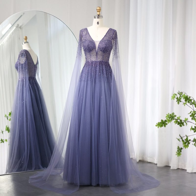 Dreamy Vow Royal Blue Luxury Dubai Evening Dress with Cape Sleeves Elegant Pink V-Neck Purple Women Wedding Party Gowns SS012-DreamyVow