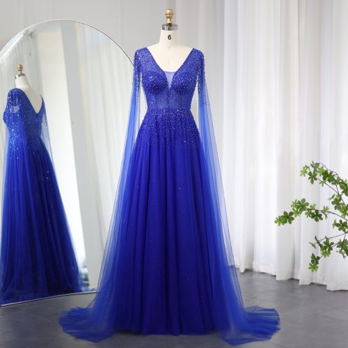 Dreamy Vow Royal Blue Luxury Dubai Evening Dress with Cape Sleeves Elegant Pink V-Neck Purple Women Wedding Party Gowns SS012-DreamyVow