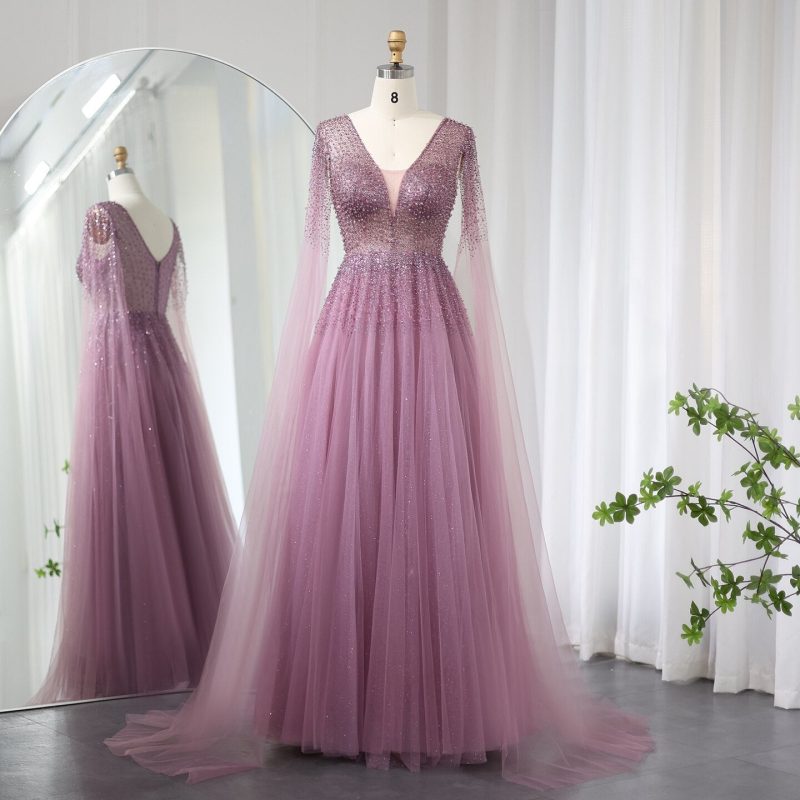 Dreamy Vow Royal Blue Luxury Dubai Evening Dress with Cape Sleeves Elegant Pink V-Neck Purple Women Wedding Party Gowns SS012-DreamyVow