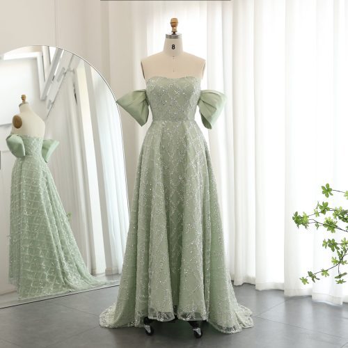 Dreamy Vow Saudi Arabia A-line Sage Green Evening Dresses for Women Wedding Elegant Dubai Beaded Midi Formal Party Gownns SS427-DreamyVow