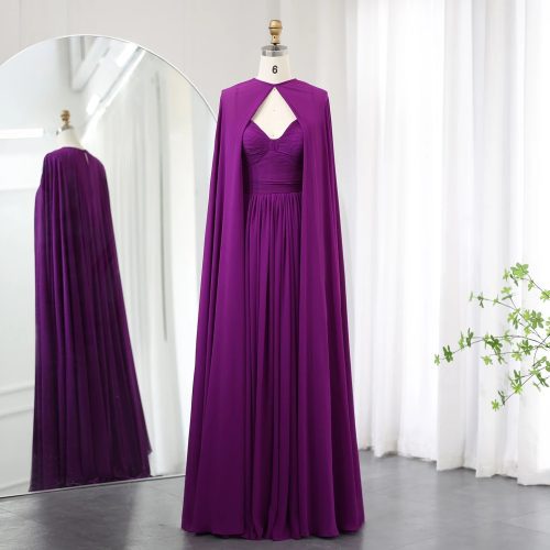 Dreamy Vow Saudi Arabia Purple Chiffon Long Evening Dress with Cape Elegant Sweetheart Green Women Wedding Party Gowns SF002-DreamyVow