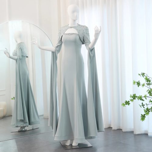 Dreamy Vow Saudi Arabia Sage Green Mermaid Evening Dress with Cape Sleeves Luxury Beaded Dubai Women Wedding Party Gowns SS424-DreamyVow