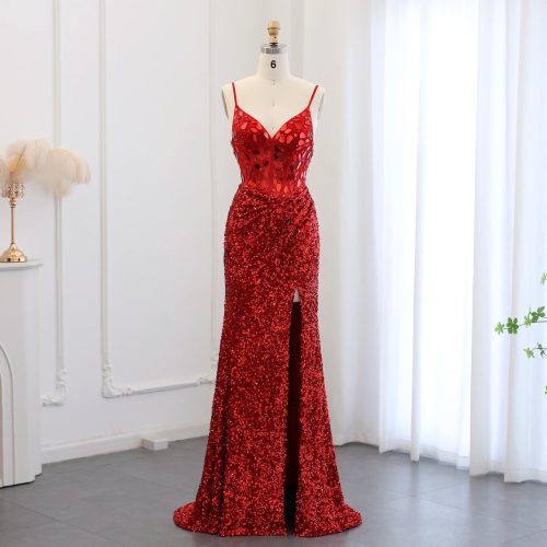 Dreamy Vow Sexy Spaghetti Straps Wine Red Sequin Mermaid Prom Evening Dresses 2024 Elegant Black Silver Long Party Gowns SS166-DreamyVow