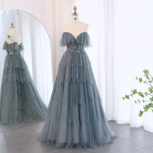 Dreamy Vow Sparkly Crystal Blue Sweetheart Evening Dress for Women Wedding Tiered Ruffles Luxury Dubai Bridal Party Gowns SS017-DreamyVow